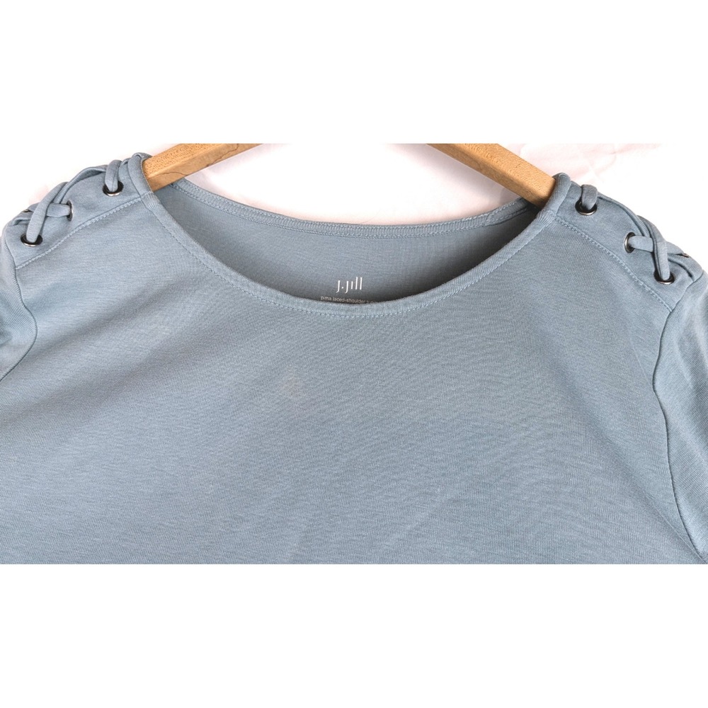 J. Jill Pima Laced-Shoulder Tunic Top Blue Long Sleeve Large Petite 100% Cotton